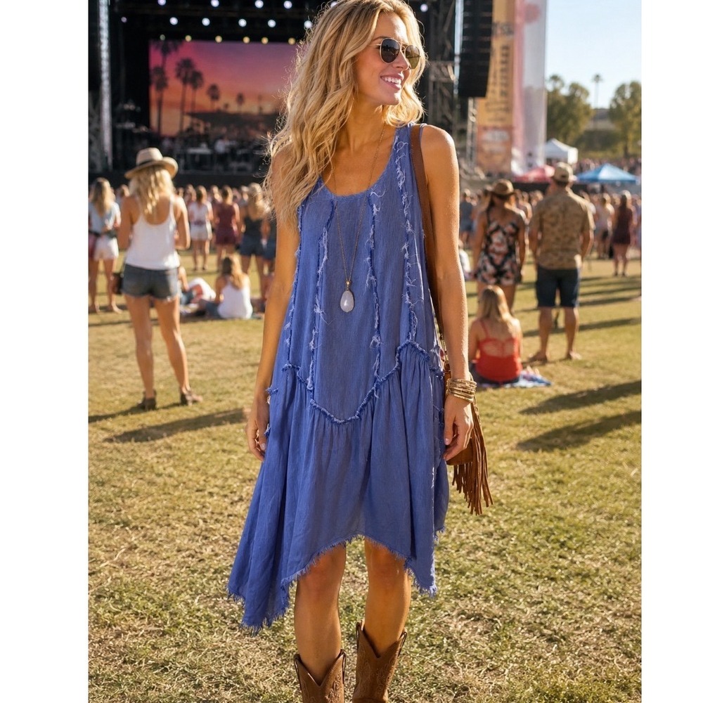Boho Periwinkle Blue Raw Edge Distressed Asymmetrical Handkerchief Hem Dress med